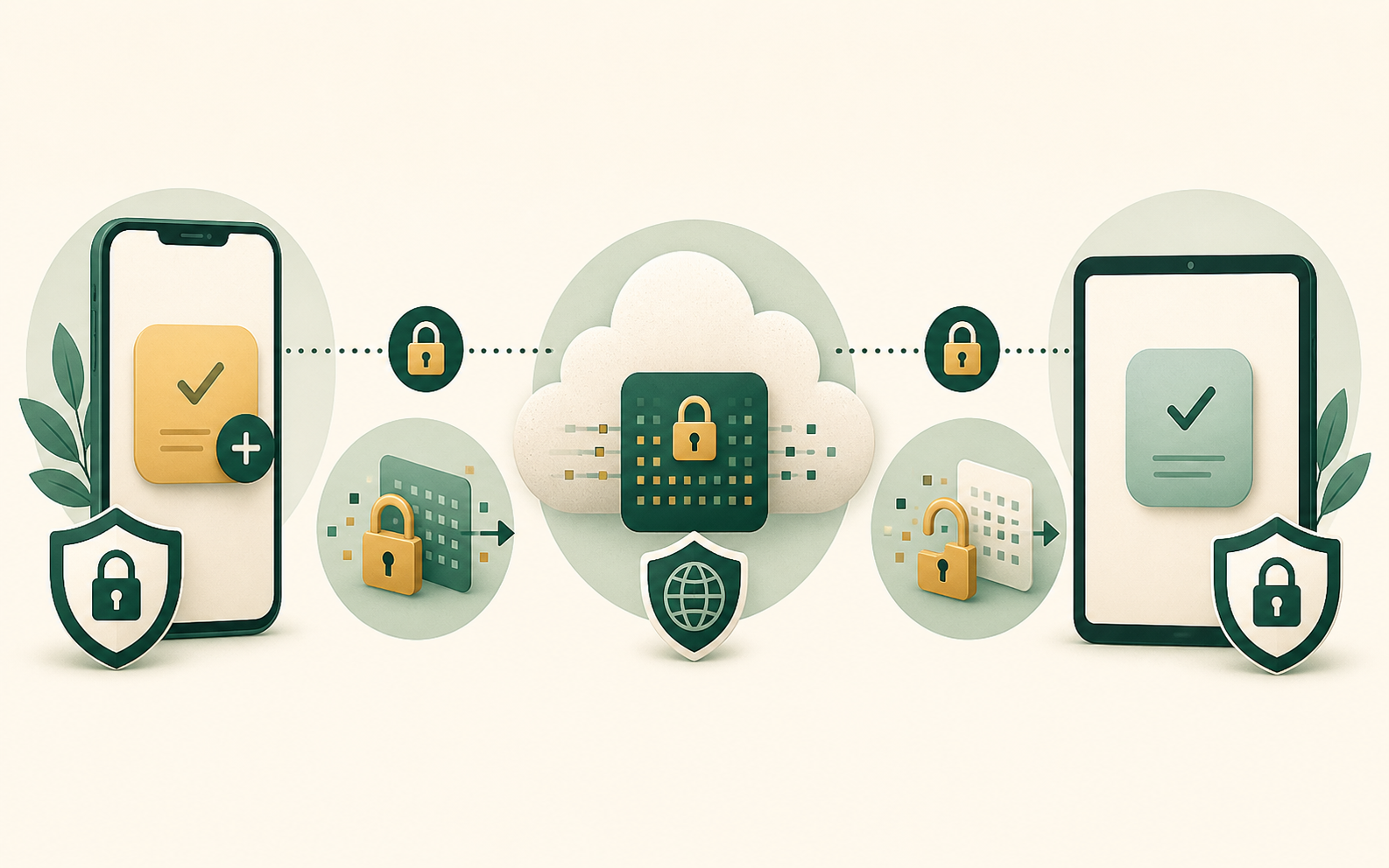 Diagram showing tasks encrypted on-device, relayed through the server as sealed packets, and decrypted on the recipient device.